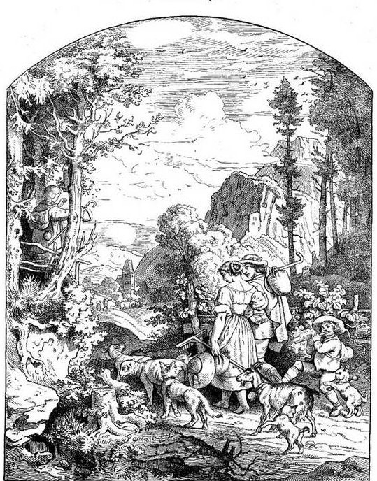Holzstich: eine Hirtenfamilie kehrt mit Ziegen und Hunden bei Mondaufgang durchs Waldtal heim (Ludwig Richter, Abendruhe)